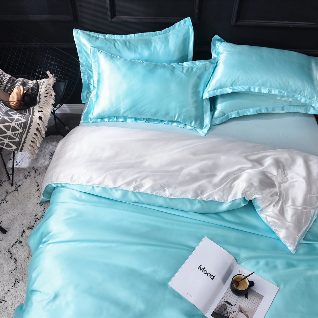 91家纺网 家纺一手货源 找家纺 经年 2026新款特价款丝绸冰丝四件套 水蓝白