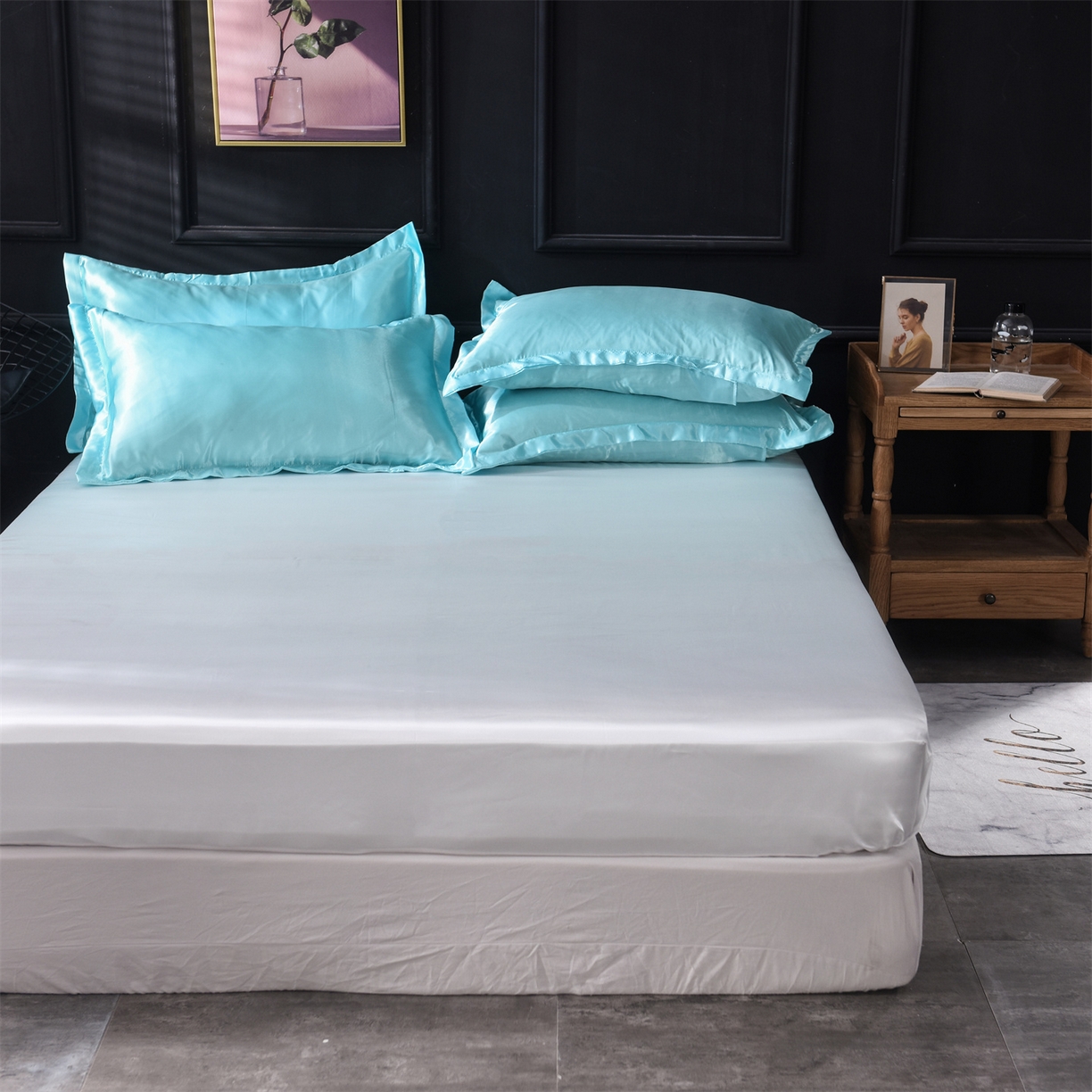 91家纺网 家纺一手货源 找家纺 经年 2026新款特价款丝绸冰丝四件套 水蓝白