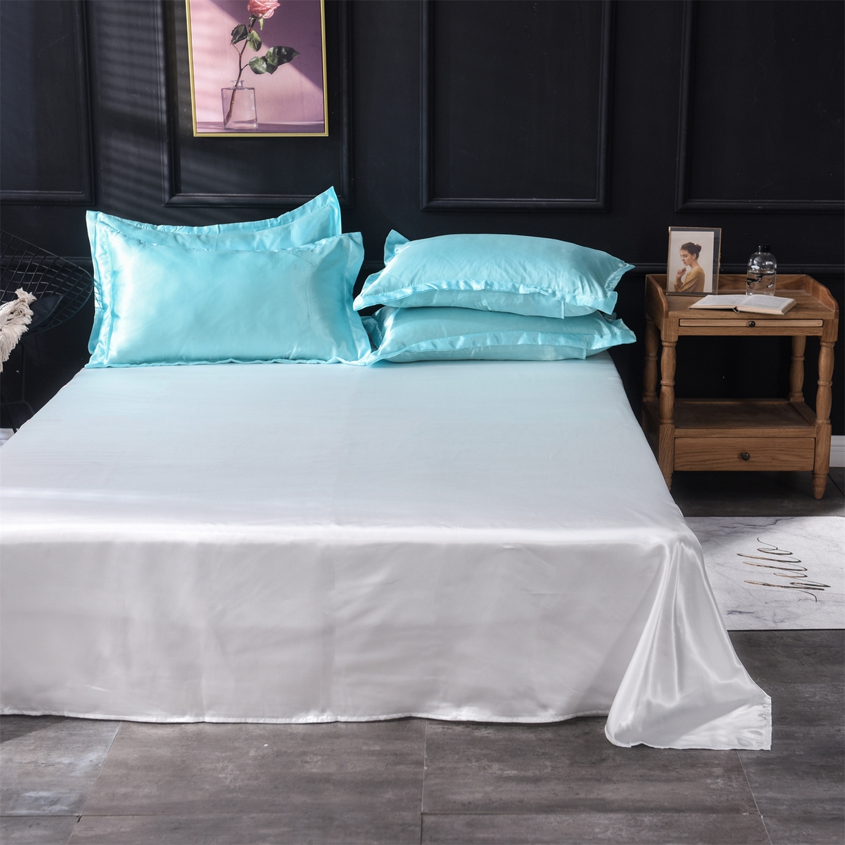 91家纺网 家纺一手货源 找家纺 经年 2026新款特价款丝绸冰丝四件套 水蓝白