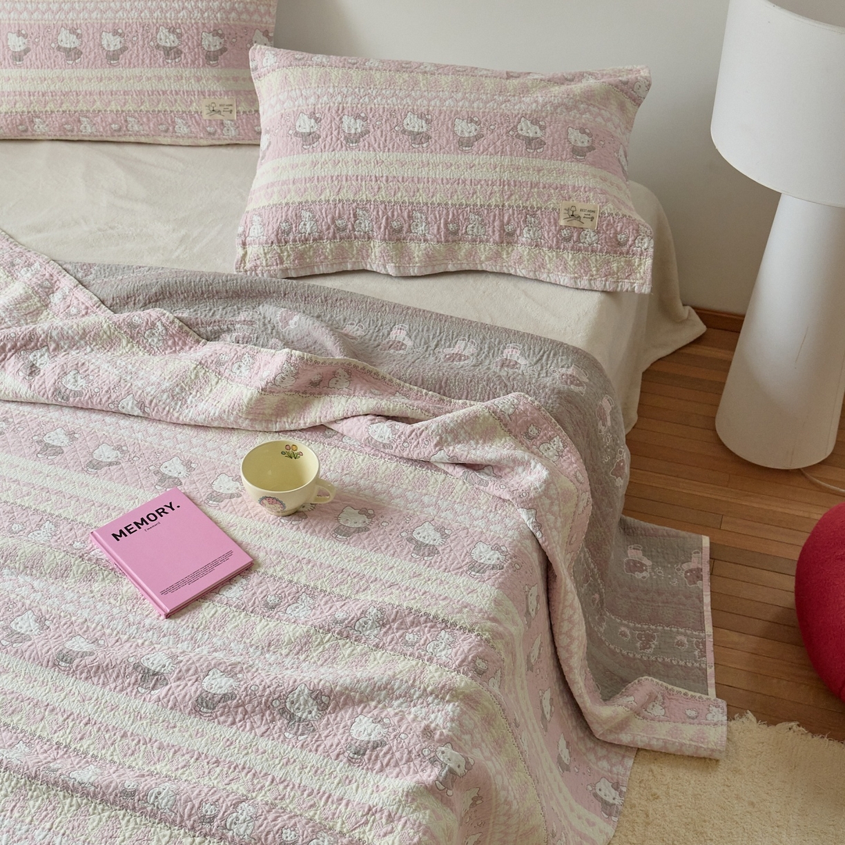 91家纺网 家纺一手货源 找家纺 沐瑟家纺 2026新款安心棉枕巾 横条小粉猫