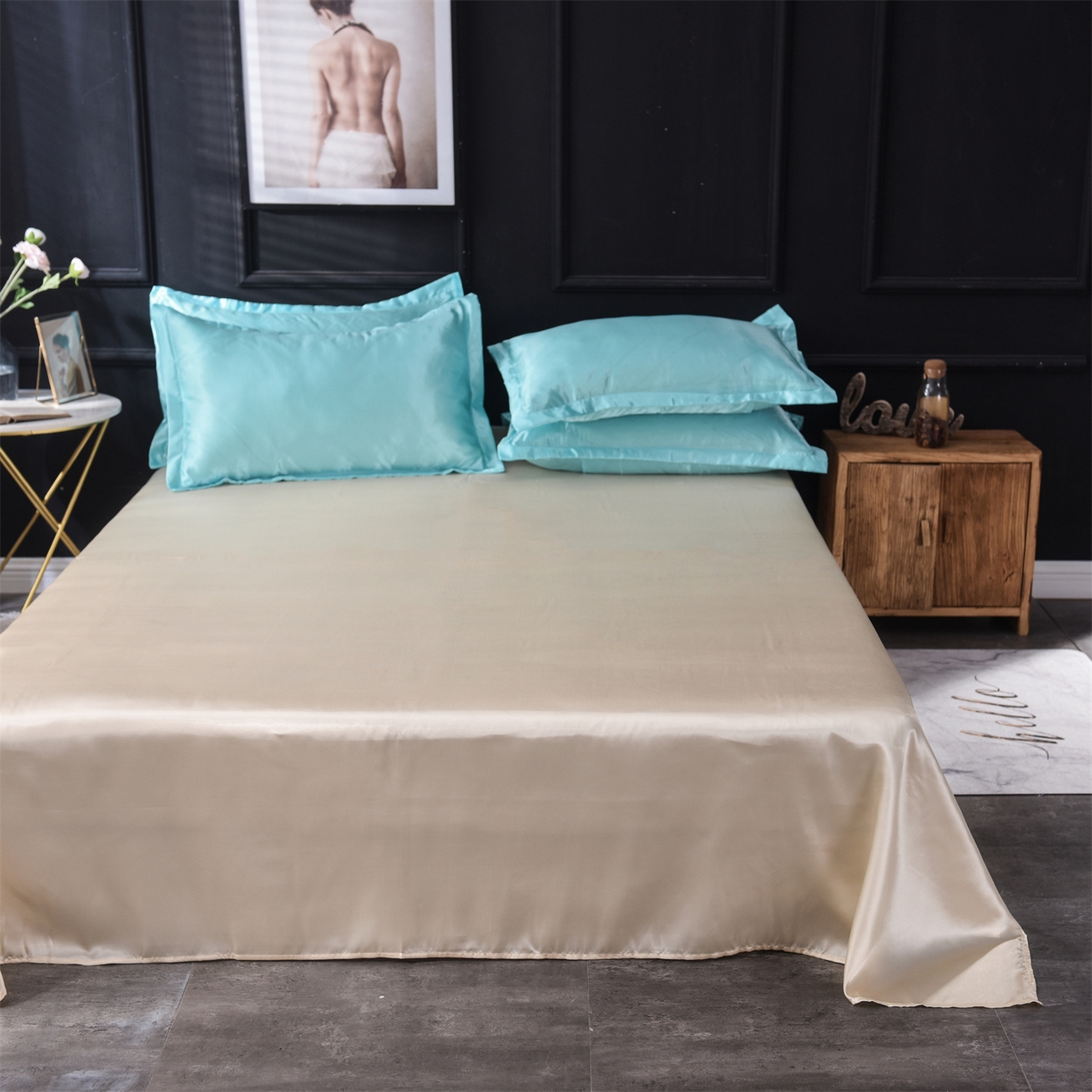 91家纺网 家纺一手货源 找家纺 经年 2026新款特价款丝绸冰丝四件套 水蓝金色