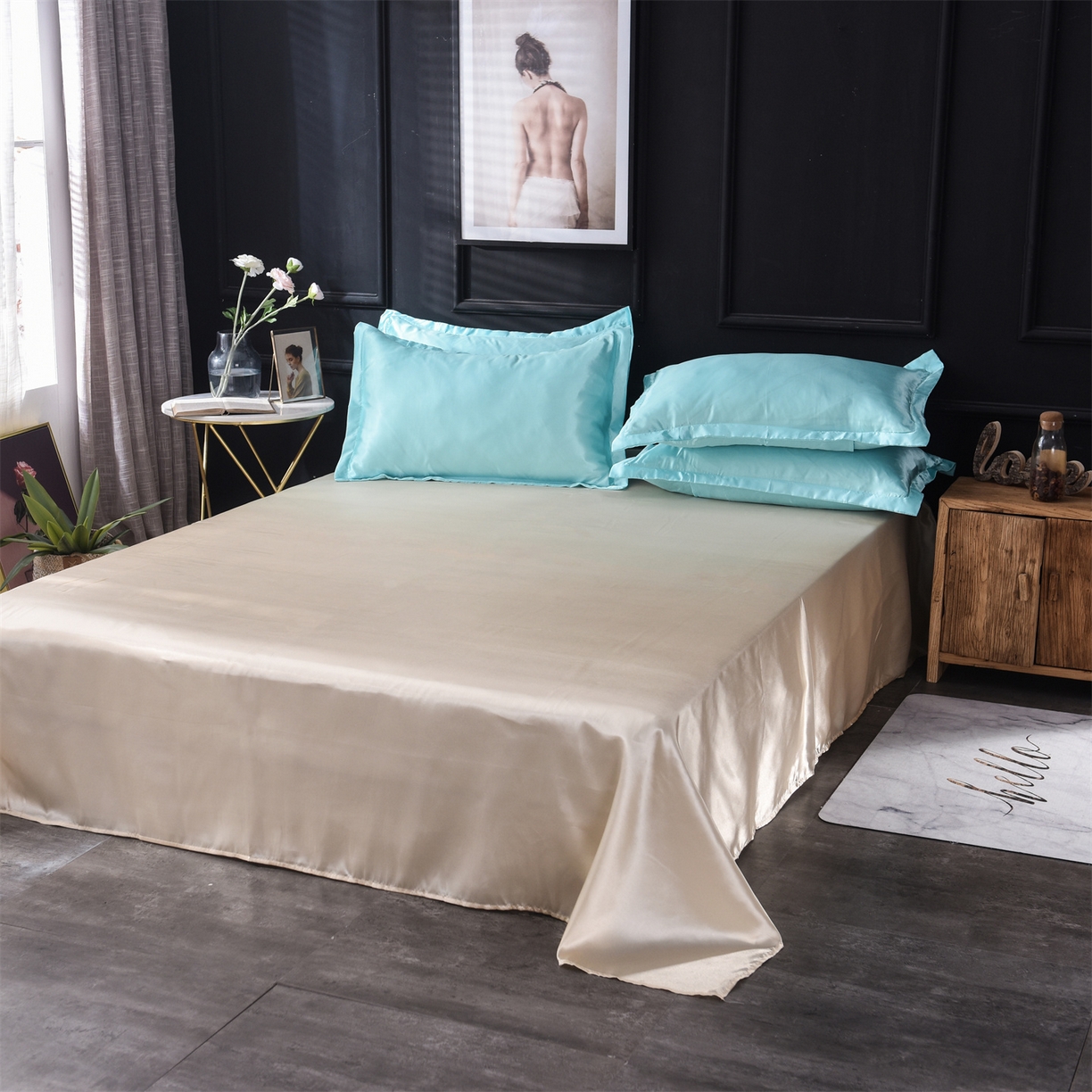 91家纺网 家纺一手货源 找家纺 经年 2026新款特价款丝绸冰丝四件套 水蓝金色