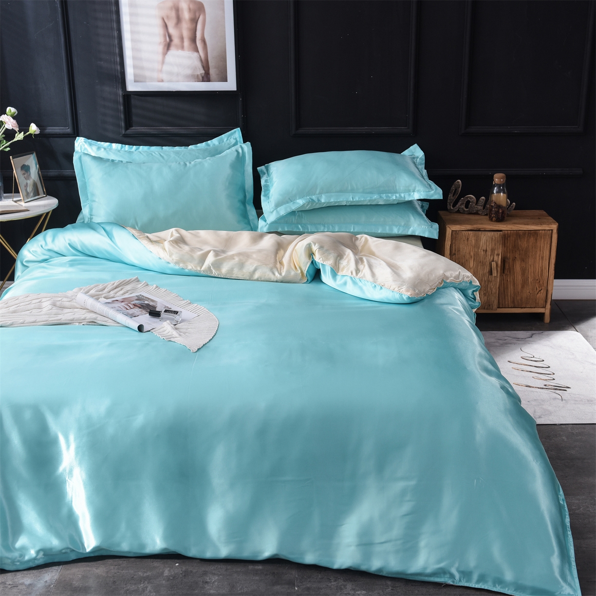 91家纺网 家纺一手货源 找家纺 经年 2026新款特价款丝绸冰丝四件套 水蓝金色