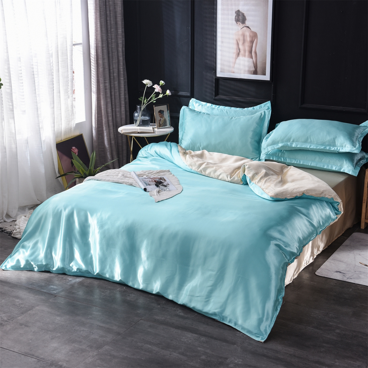 91家纺网 家纺一手货源 找家纺 经年 2026新款特价款丝绸冰丝四件套 水蓝金色