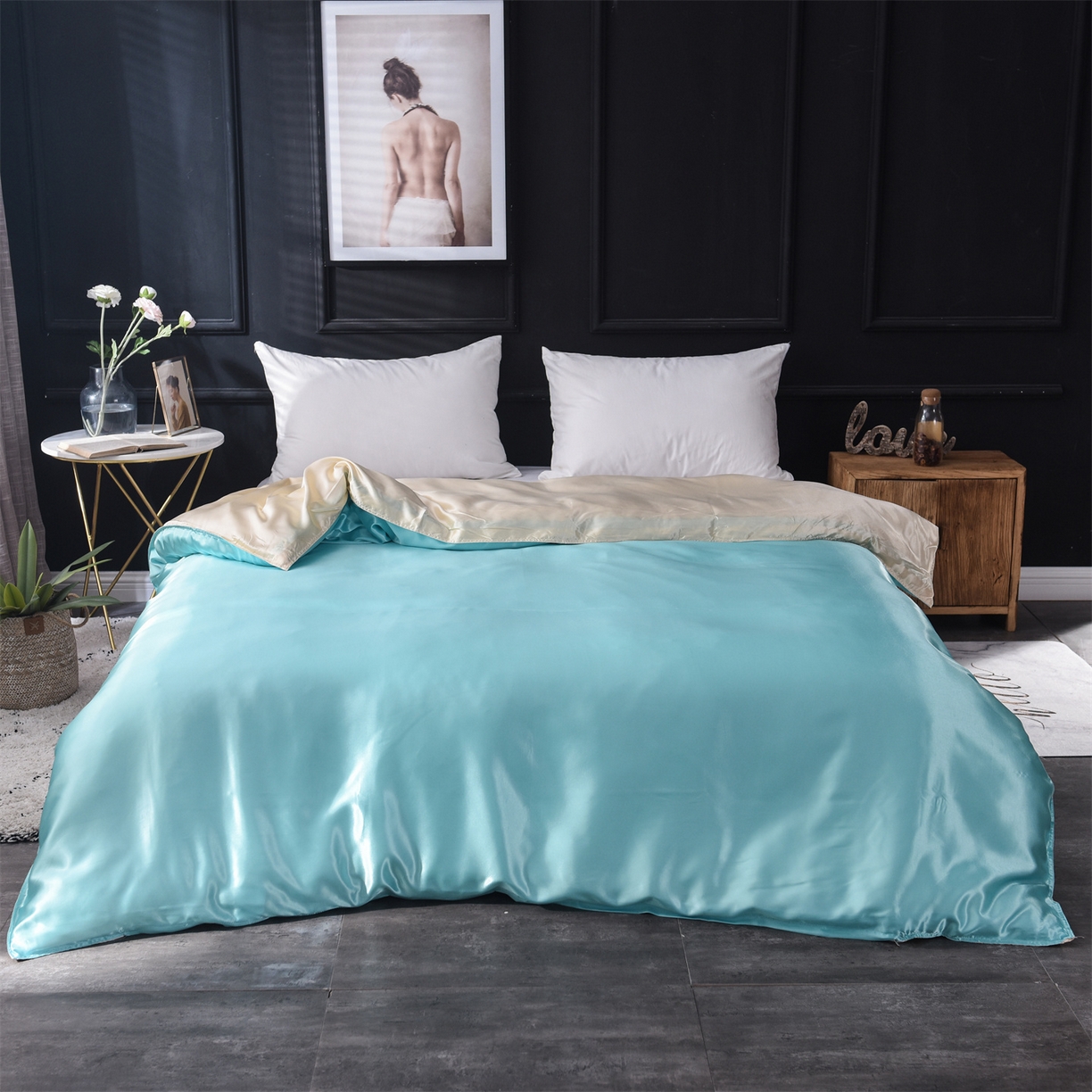 91家纺网 家纺一手货源 找家纺 经年 2026新款特价款丝绸冰丝四件套 水蓝金色