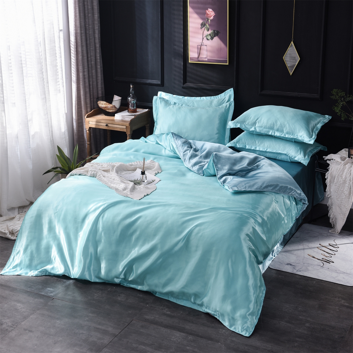 91家纺网 家纺一手货源 找家纺 经年 2026新款特价款丝绸冰丝四件套 水蓝浅蓝