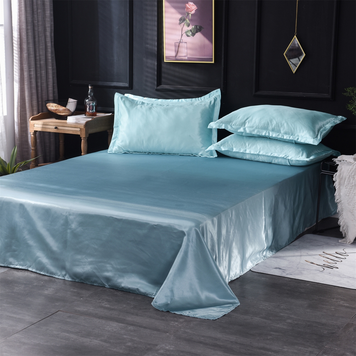 91家纺网 家纺一手货源 找家纺 经年 2026新款特价款丝绸冰丝四件套 水蓝浅蓝