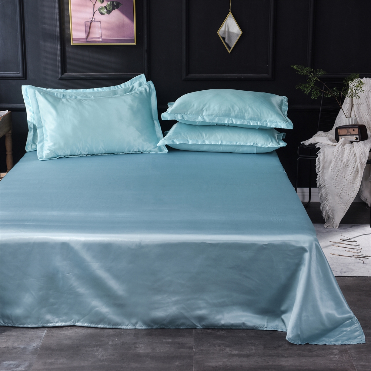 91家纺网 家纺一手货源 找家纺 经年 2026新款特价款丝绸冰丝四件套 水蓝浅蓝