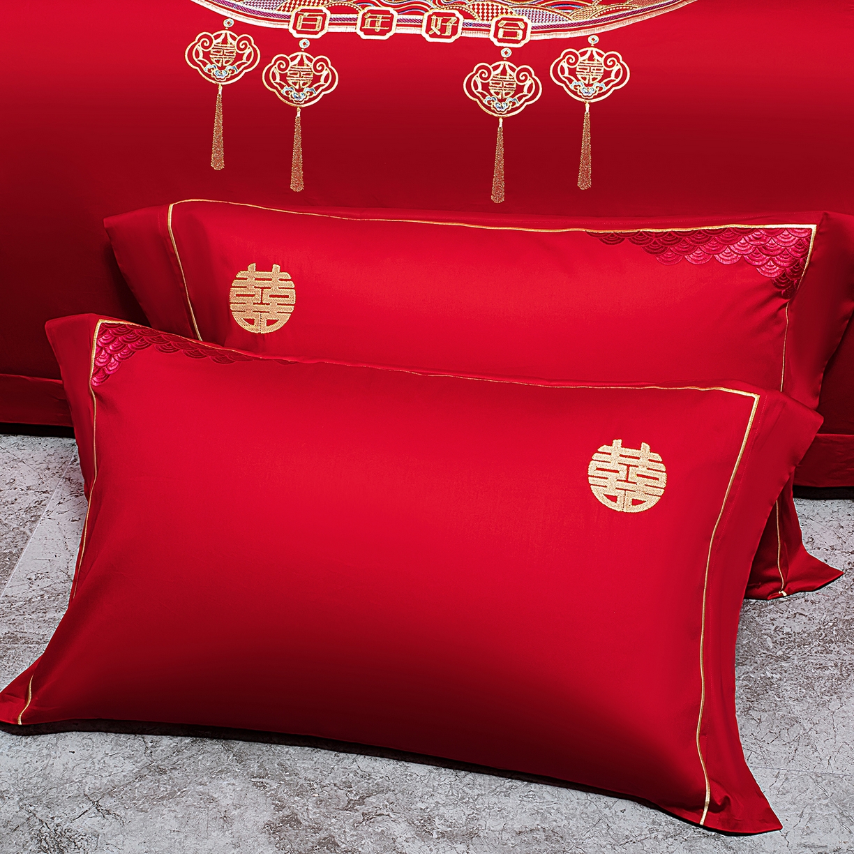 91家纺网 家纺一手货源 找家纺 柏拉图 2026新款长绒棉纯棉贡缎全工艺刺绣婚庆四件套多件套 盘龙飞凤