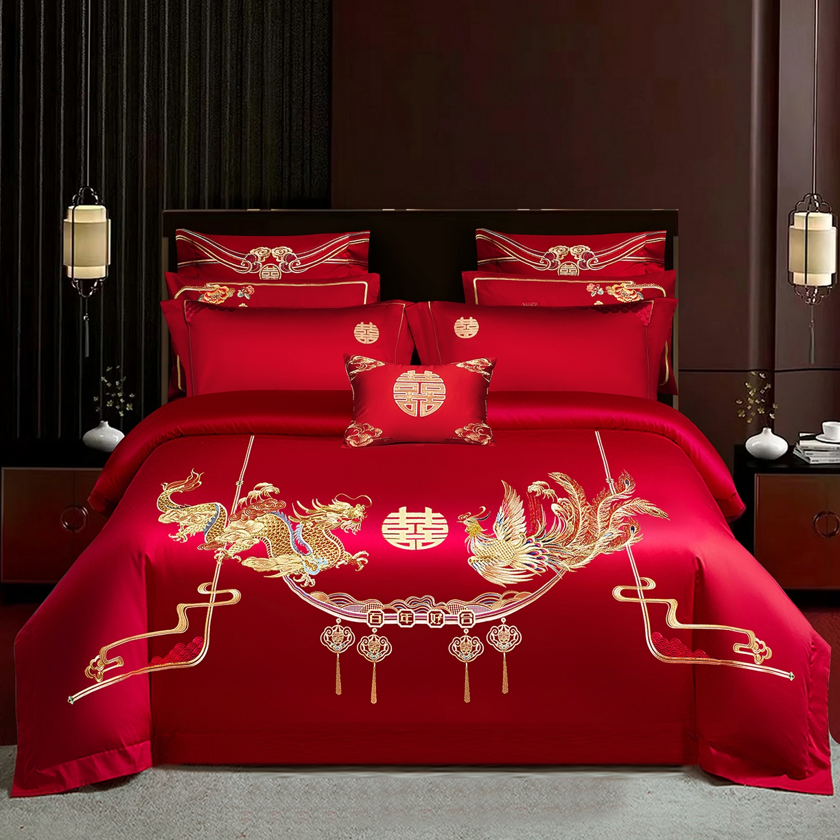 柏拉图 2026新款长绒棉纯棉贡缎全工艺刺绣婚庆四件套多件套 盘龙飞凤