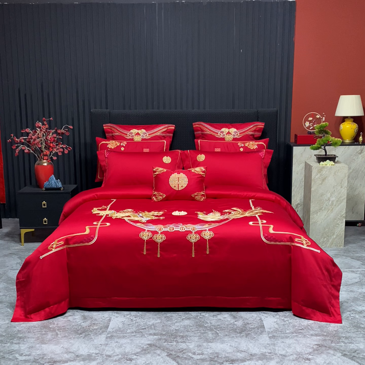 91家纺网 家纺一手货源 找家纺 柏拉图 2026新款长绒棉纯棉贡缎全工艺刺绣婚庆四件套多件套 盘龙飞凤