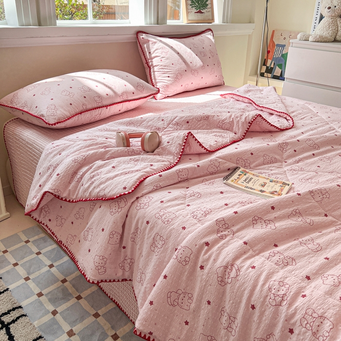 梵希雅 2026新款泡芙纱三角针床盖夏被四件套 描线小猫粉