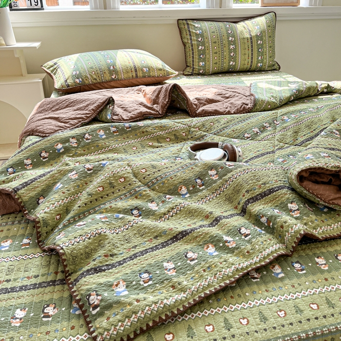 91家纺网 家纺一手货源 找家纺 梵希雅 2026新款泡芙纱三角针床盖夏被四件套 森林描绘