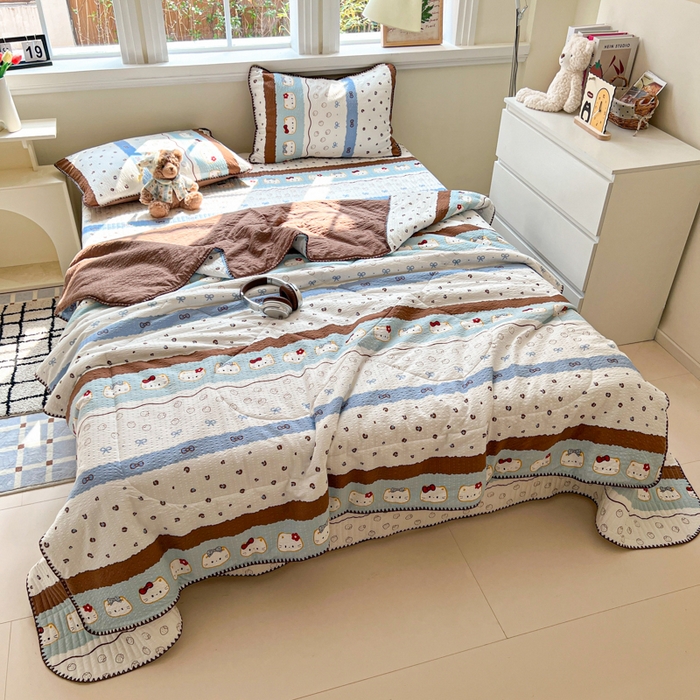 91家纺网 家纺一手货源 找家纺 梵希雅 2026新款泡芙纱三角针床盖夏被四件套 KT 猫