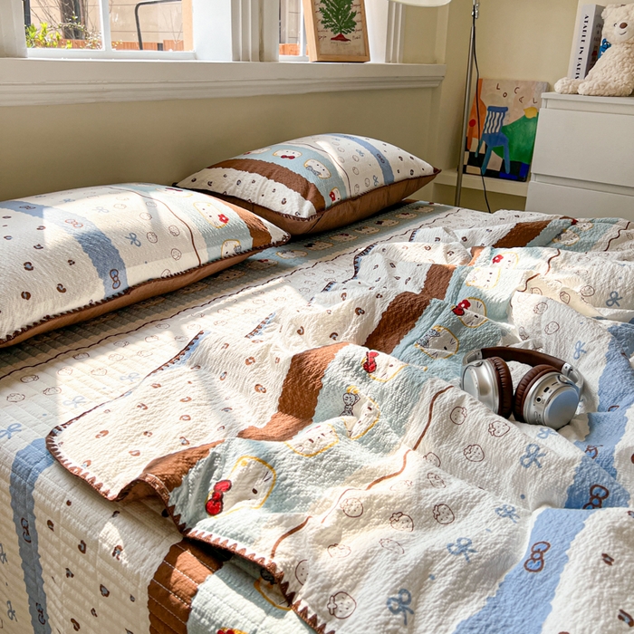 91家纺网 家纺一手货源 找家纺 梵希雅 2026新款泡芙纱三角针床盖夏被四件套 KT 猫