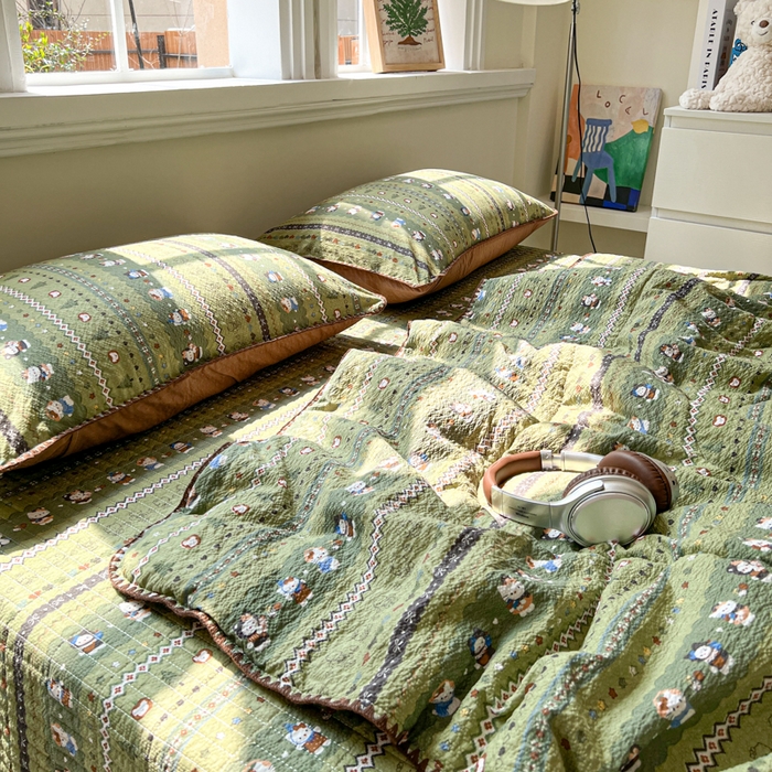 91家纺网 家纺一手货源 找家纺 梵希雅 2026新款泡芙纱三角针床盖夏被四件套 森林描绘