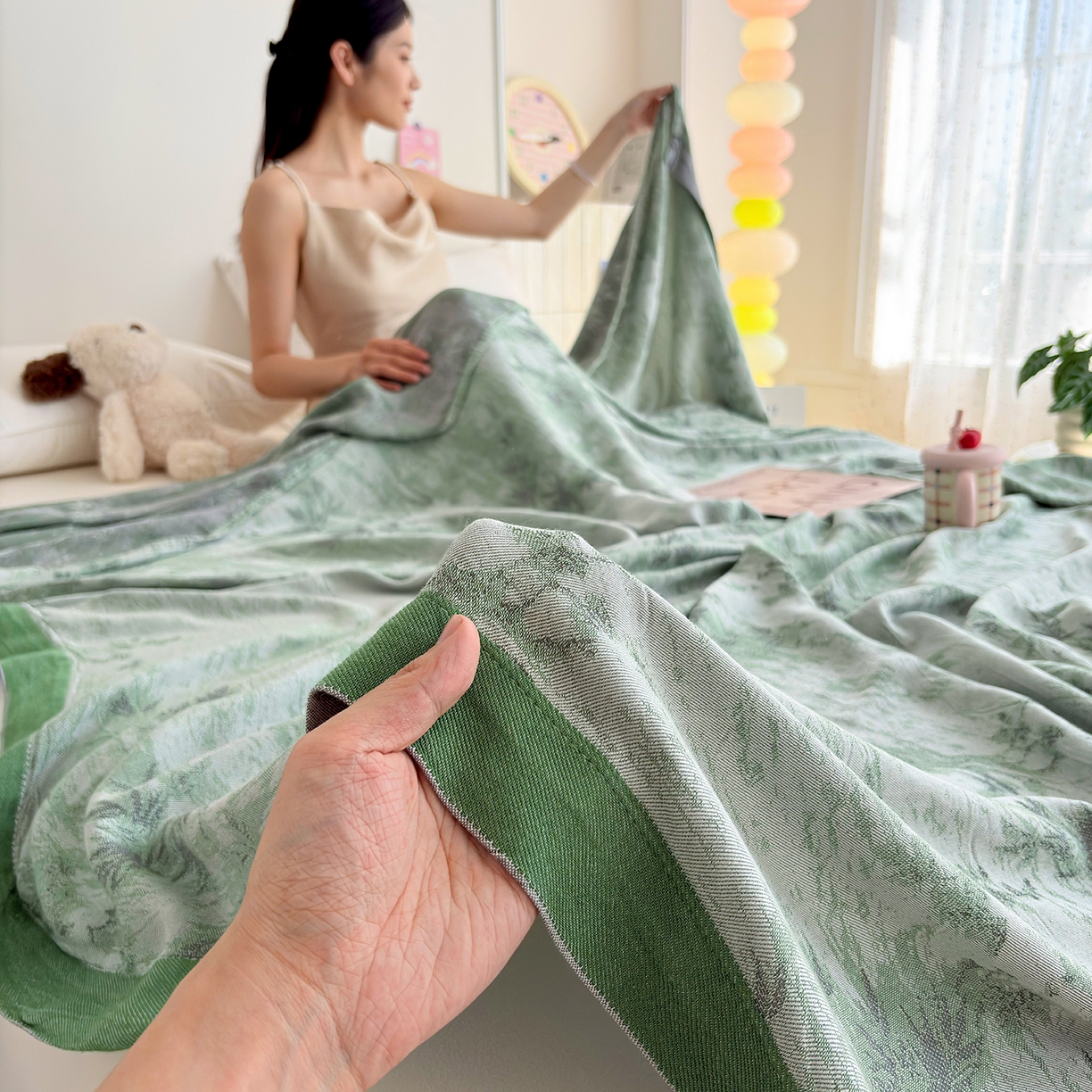 91家纺网 家纺一手货源 找家纺 棠薇家纺 2026新款竹纤维毯子冷感毯毛巾被柔滑多功能夏凉毯盖毯纱发毯办公室午休毯 竹韵绿