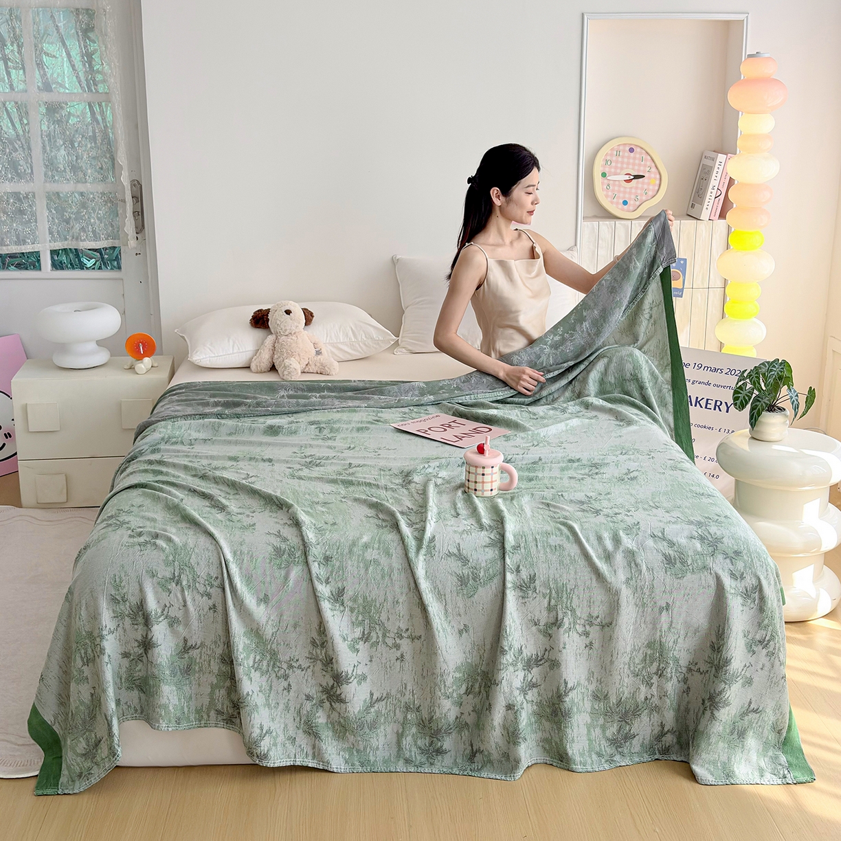 91家纺网 家纺一手货源 找家纺 棠薇家纺 2026新款竹纤维毯子冷感毯毛巾被柔滑多功能夏凉毯盖毯纱发毯办公室午休毯 竹韵绿