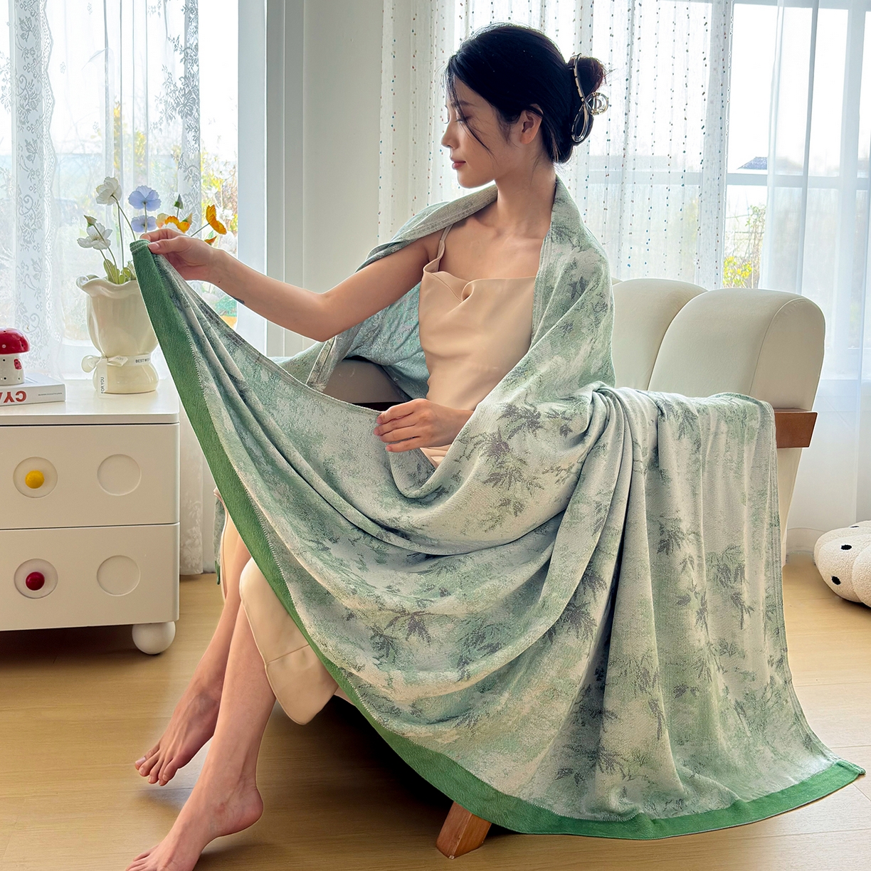 91家纺网 家纺一手货源 找家纺 棠薇家纺 2026新款竹纤维毯子冷感毯毛巾被柔滑多功能夏凉毯盖毯纱发毯办公室午休毯 竹韵绿