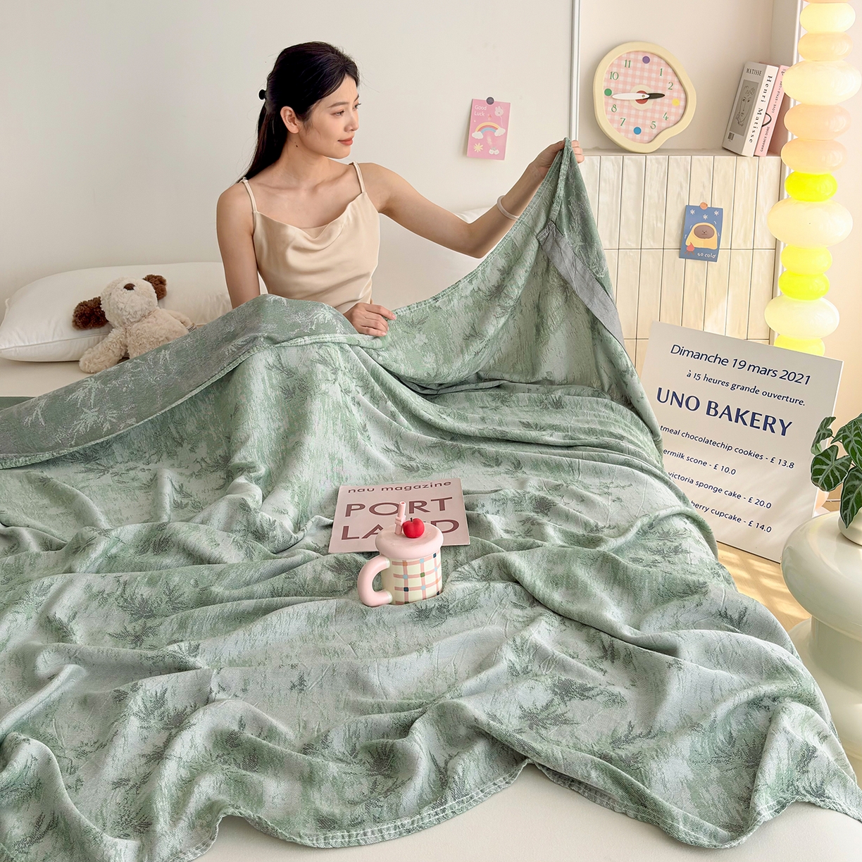 91家纺网 家纺一手货源 找家纺 棠薇家纺 2026新款竹纤维毯子冷感毯毛巾被柔滑多功能夏凉毯盖毯纱发毯办公室午休毯 竹韵绿