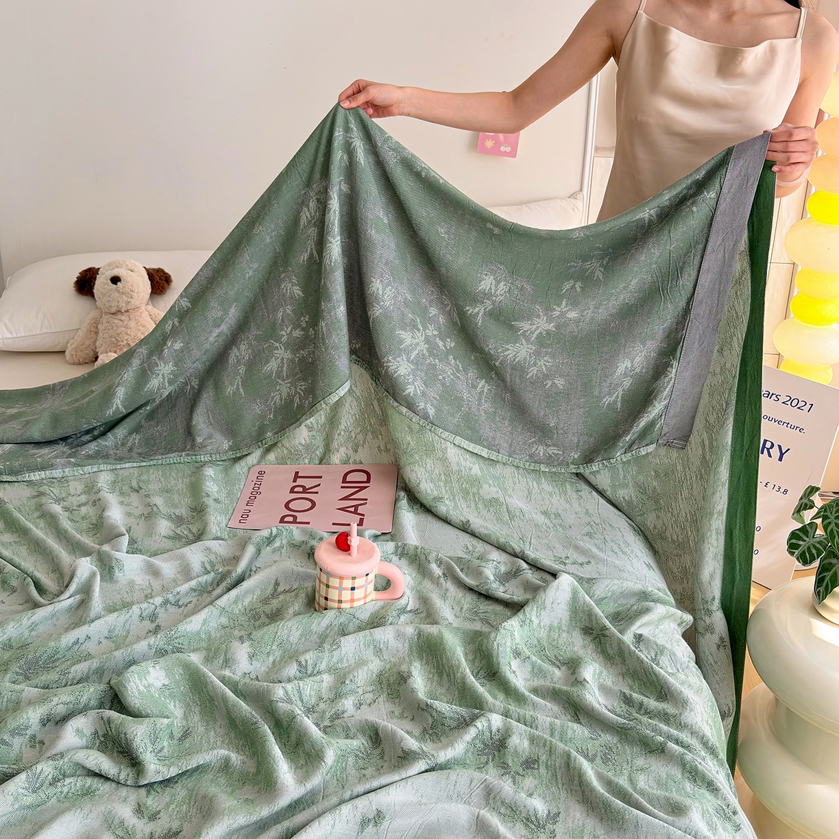 91家纺网 家纺一手货源 找家纺 棠薇家纺 2026新款竹纤维毯子冷感毯毛巾被柔滑多功能夏凉毯盖毯纱发毯办公室午休毯 竹韵绿