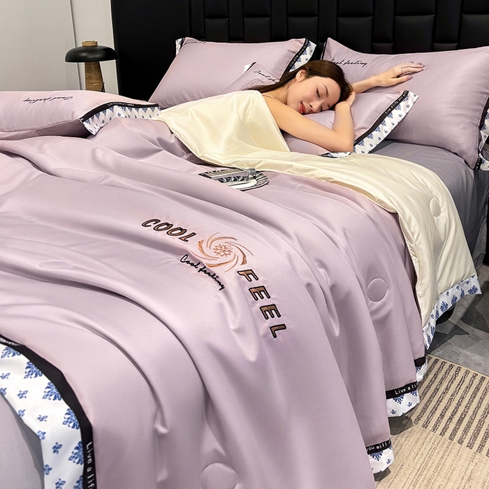 91家纺网 家纺一手货源 找家纺 联林2026新款纯色针织凉感丝空调被详情 丁香紫-梧桐杏