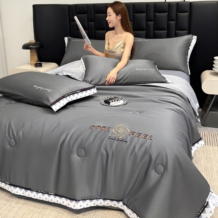 91家纺网 家纺一手货源 找家纺 联林2026新款纯色针织凉感丝空调被详情 高级灰-山灰