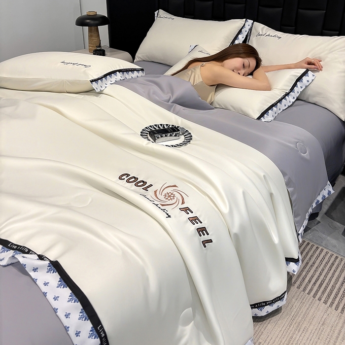 91家纺网 家纺一手货源 找家纺 联林2026新款纯色针织凉感丝空调被详情 奶白色-中灰