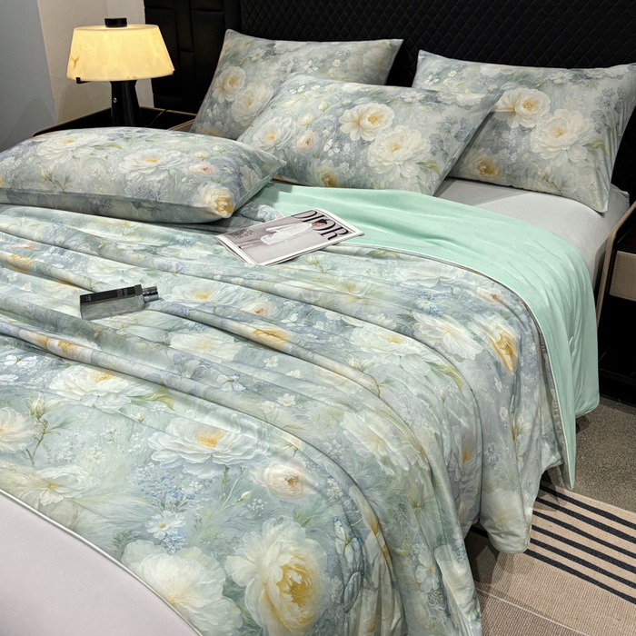 91家纺网 家纺一手货源 找家纺 联林2026新款玻尿酸针织凉感丝夏被夏凉被 芙蓉 绿