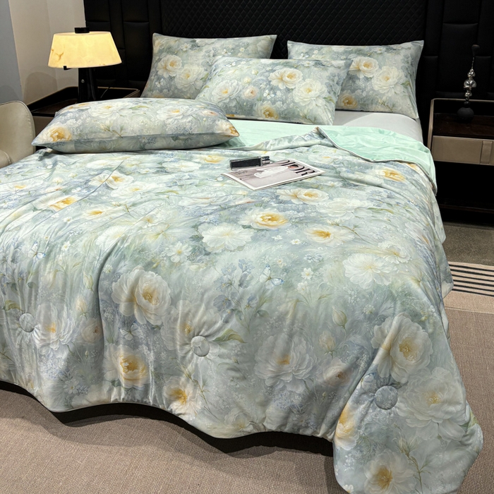 91家纺网 家纺一手货源 找家纺 联林2026新款玻尿酸针织凉感丝夏被夏凉被 芙蓉 绿