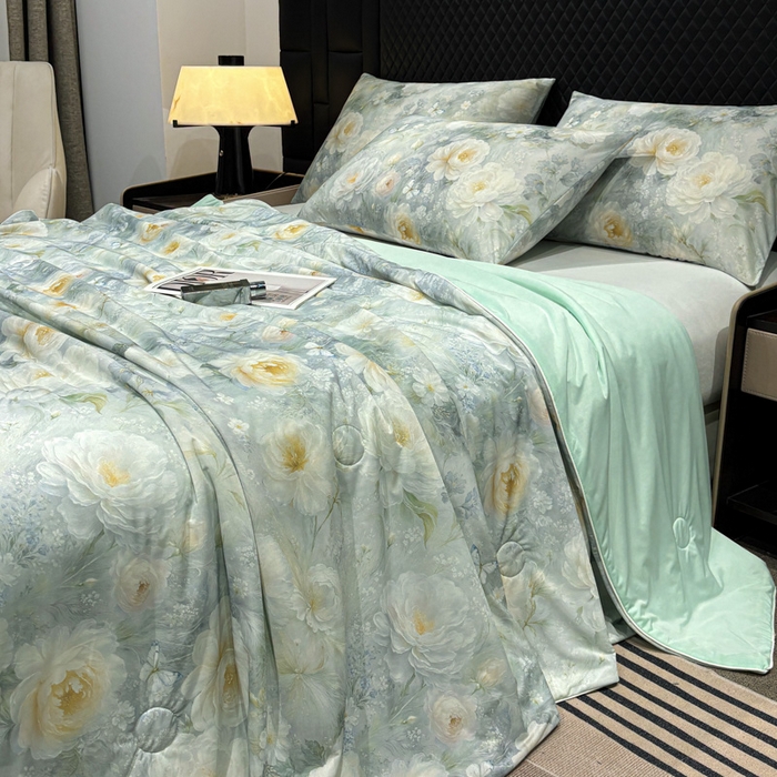 91家纺网 家纺一手货源 找家纺 联林2026新款玻尿酸针织凉感丝夏被夏凉被 芙蓉 绿