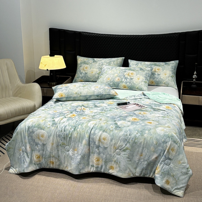 91家纺网 家纺一手货源 找家纺 联林2026新款玻尿酸针织凉感丝夏被夏凉被 芙蓉 绿