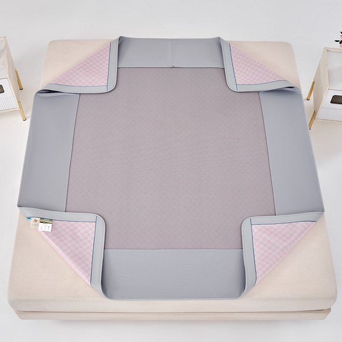 91家纺网 家纺一手货源 找家纺 小牛席业 2026新款棋盘格冰丝席（腊肠狗贴布绣）凉席三件套-床笠款 腊肠狗贴布绣-粉色