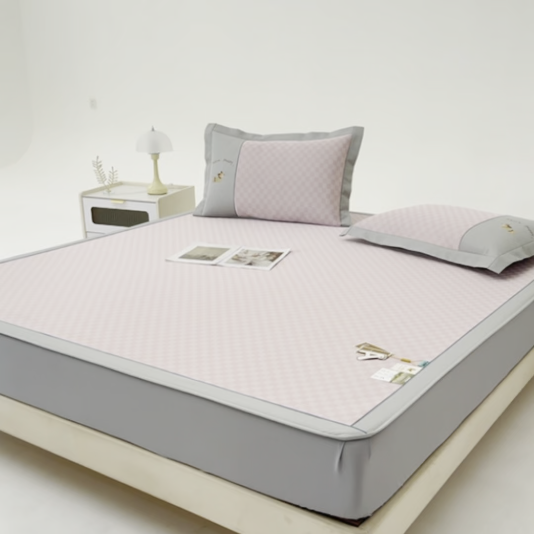 91家纺网 家纺一手货源 找家纺 小牛席业 2026新款棋盘格冰丝席（腊肠狗贴布绣）凉席三件套-床笠款 腊肠狗贴布绣-粉色