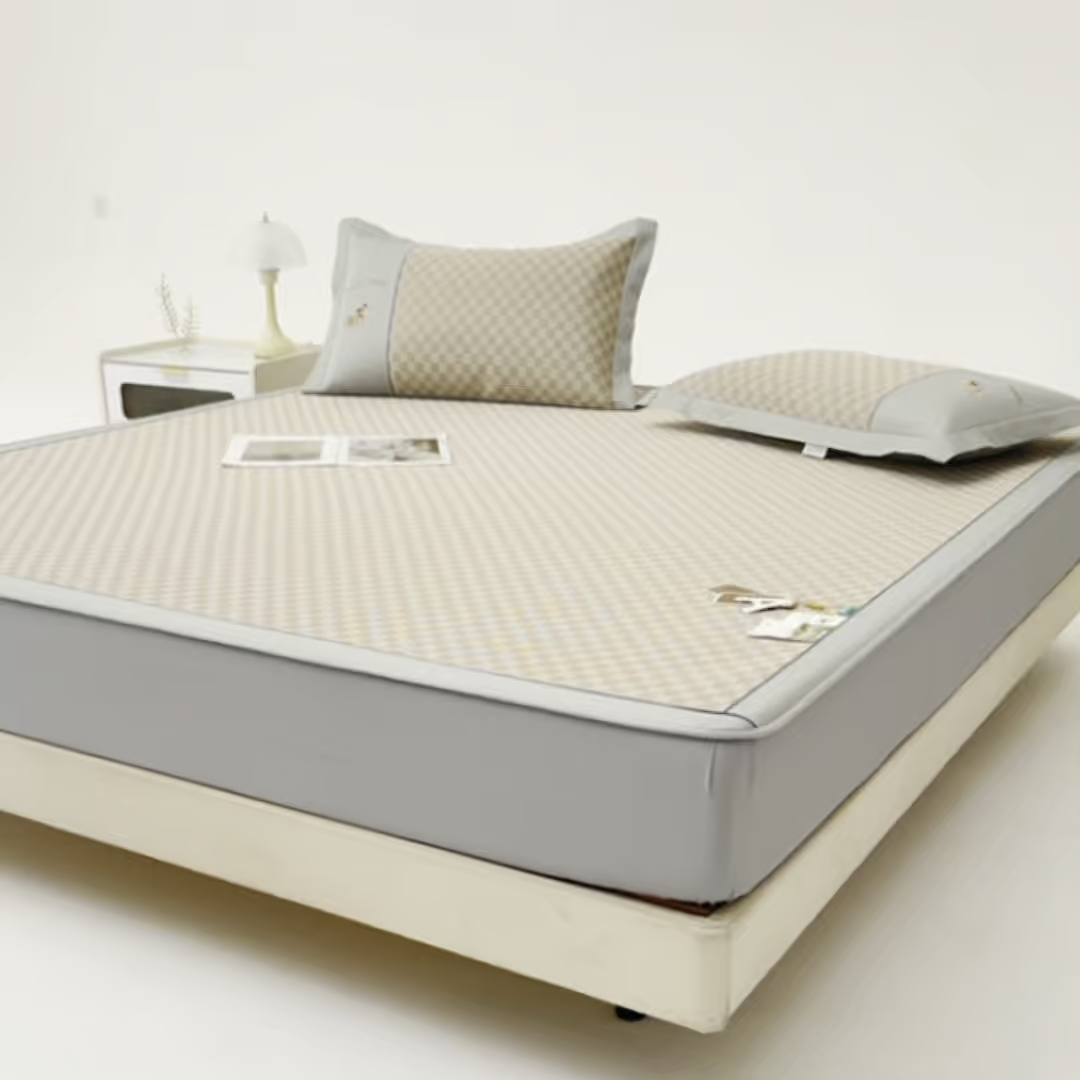 91家纺网 家纺一手货源 找家纺 小牛席业 2026新款棋盘格冰丝席（腊肠狗贴布绣）凉席三件套-床笠款 腊肠狗贴布绣-咖色