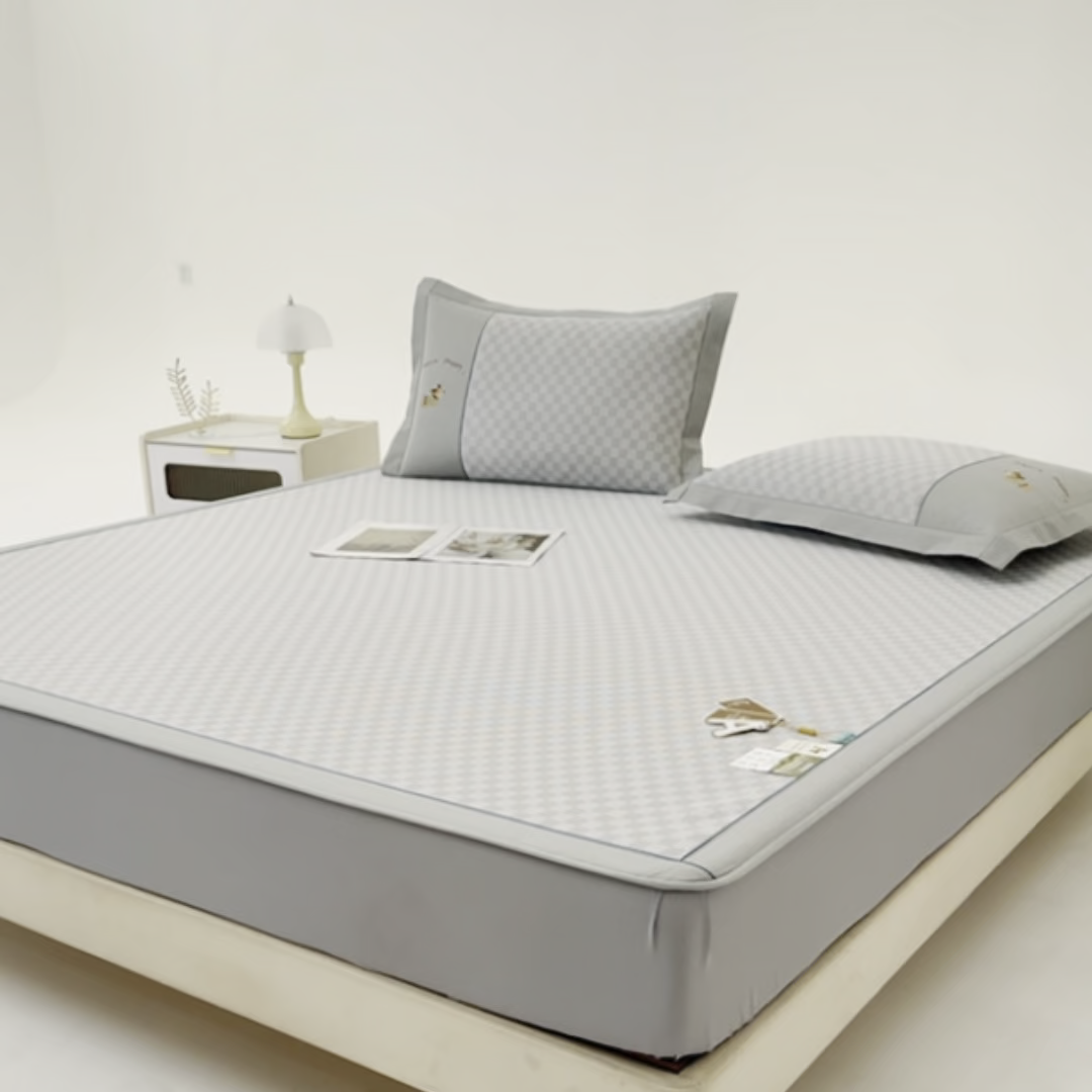 91家纺网 家纺一手货源 找家纺 小牛席业 2026新款棋盘格冰丝席（腊肠狗贴布绣）凉席三件套-床笠款 腊肠狗贴布绣-灰色