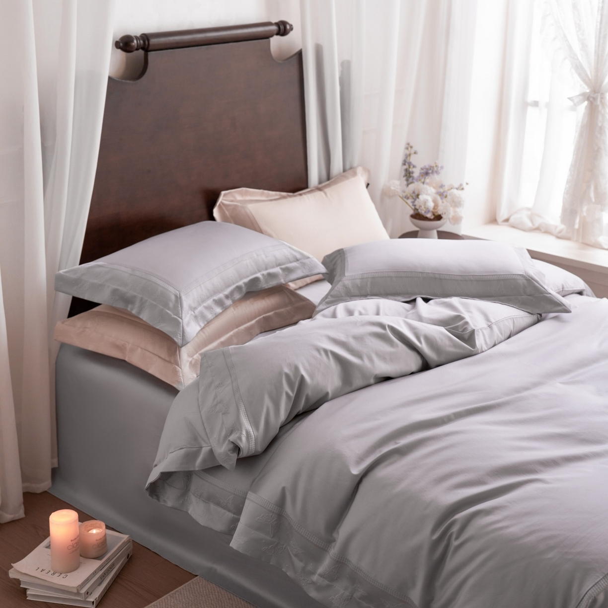 91家纺网 家纺一手货源 找家纺 安莱生活 2026新款全棉纯棉边条蝴蝶拼接款蝶影绣四件套 蝶影绣-银灰