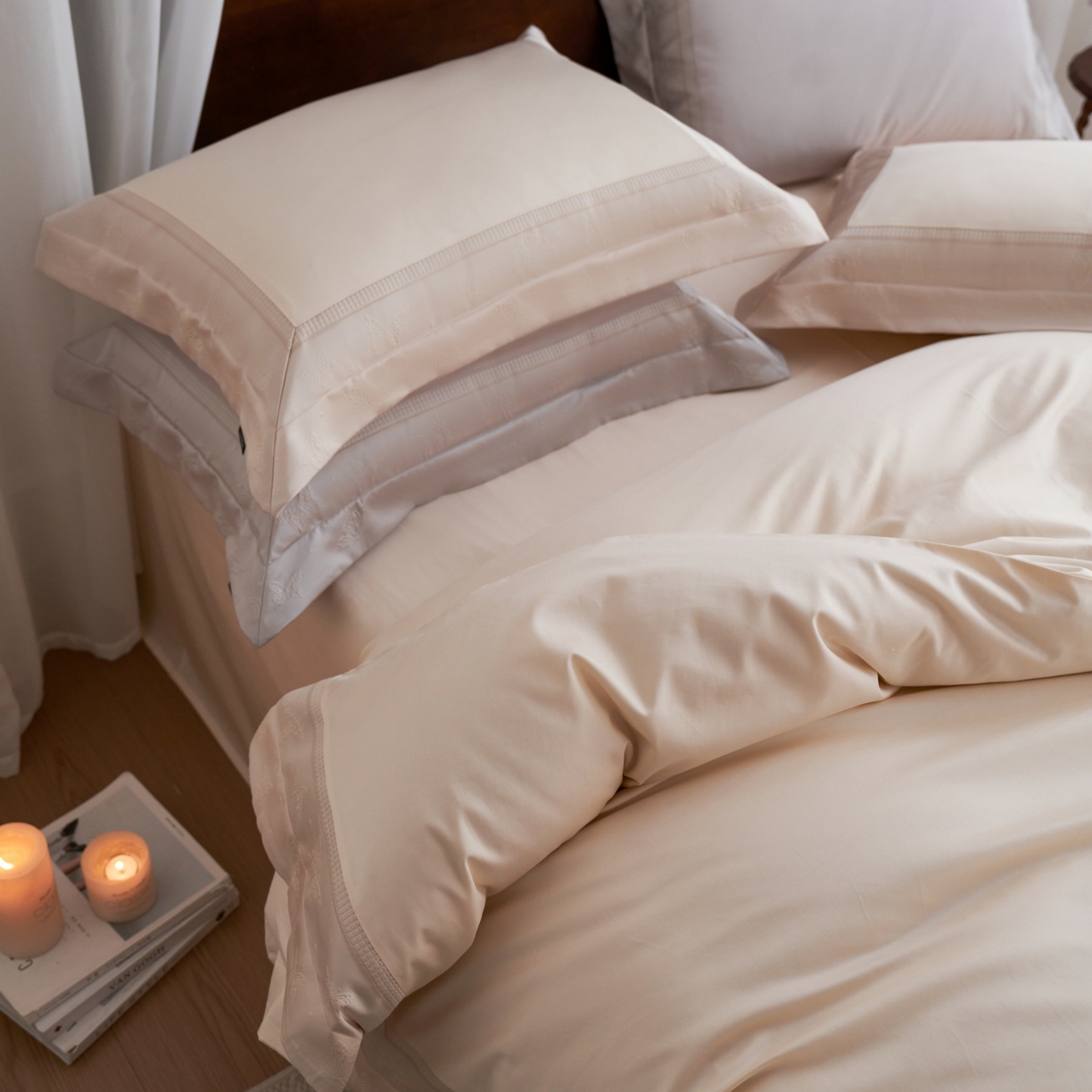 91家纺网 家纺一手货源 找家纺 安莱生活 2026新款全棉纯棉边条蝴蝶拼接款蝶影绣四件套 蝶影绣-浅米