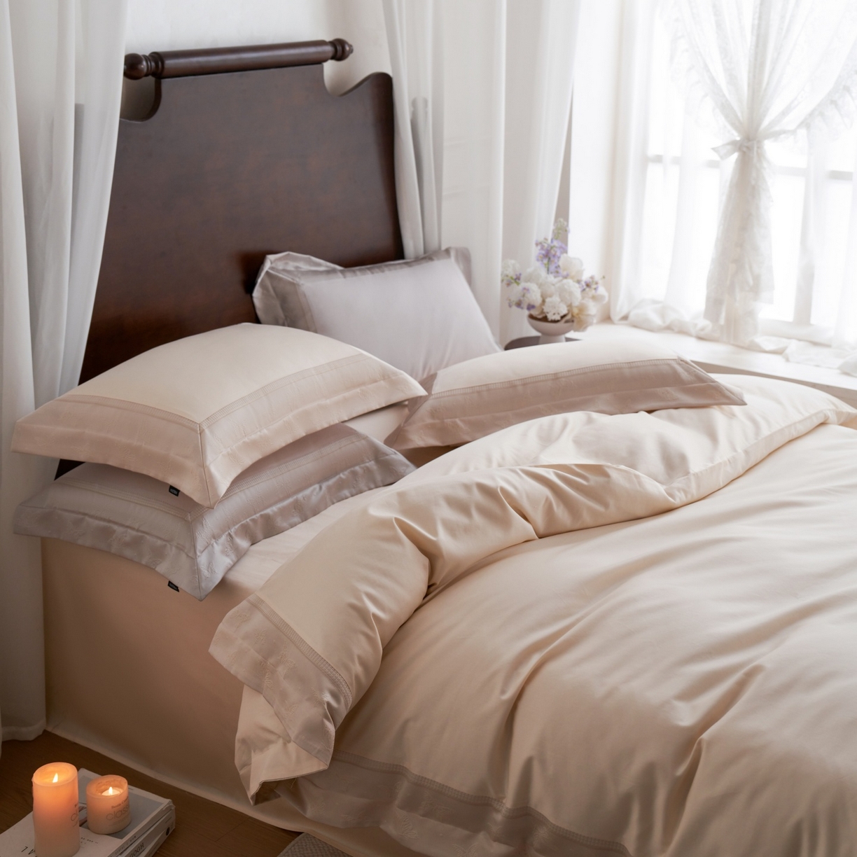 91家纺网 家纺一手货源 找家纺 安莱生活 2026新款全棉纯棉边条蝴蝶拼接款蝶影绣四件套 蝶影绣-浅米