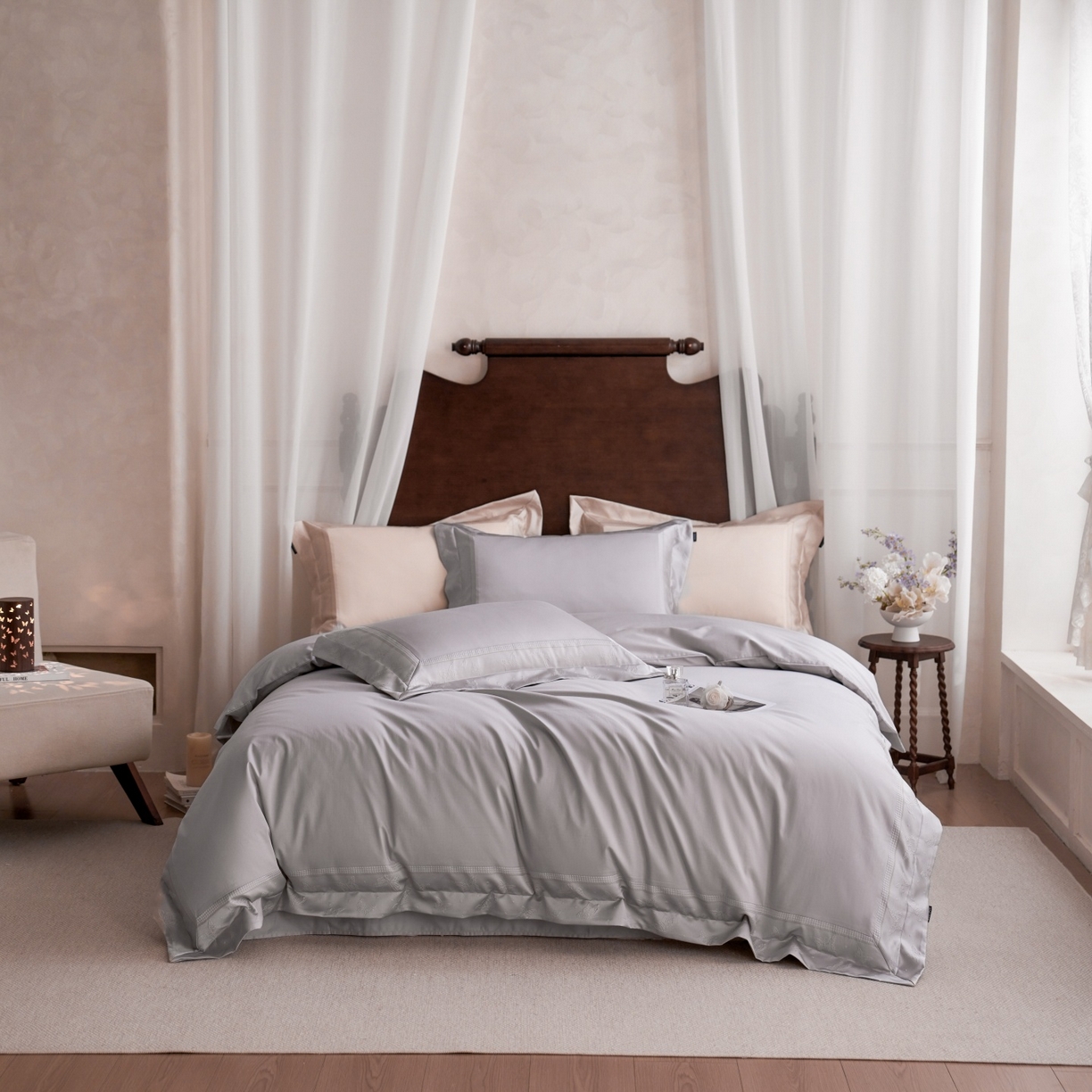 91家纺网 家纺一手货源 找家纺 安莱生活 2026新款全棉纯棉边条蝴蝶拼接款蝶影绣四件套 蝶影绣-银灰