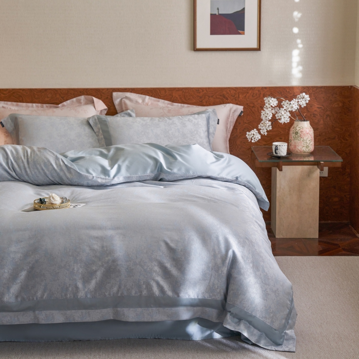 91家纺网 家纺一手货源 找家纺 安莱生活 2026新款天丝棉提花双拼埋绳款四件套 蓝雾花眠