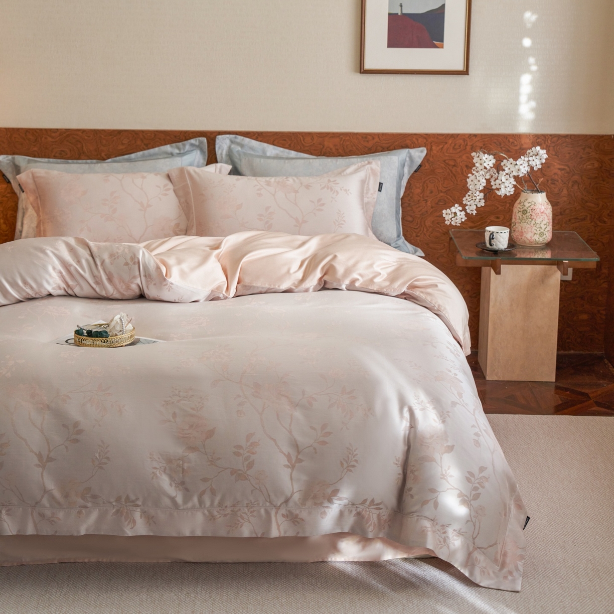 91家纺网 家纺一手货源 找家纺 安莱生活 2026新款天丝棉提花双拼埋绳款四件套 粉雾花涧