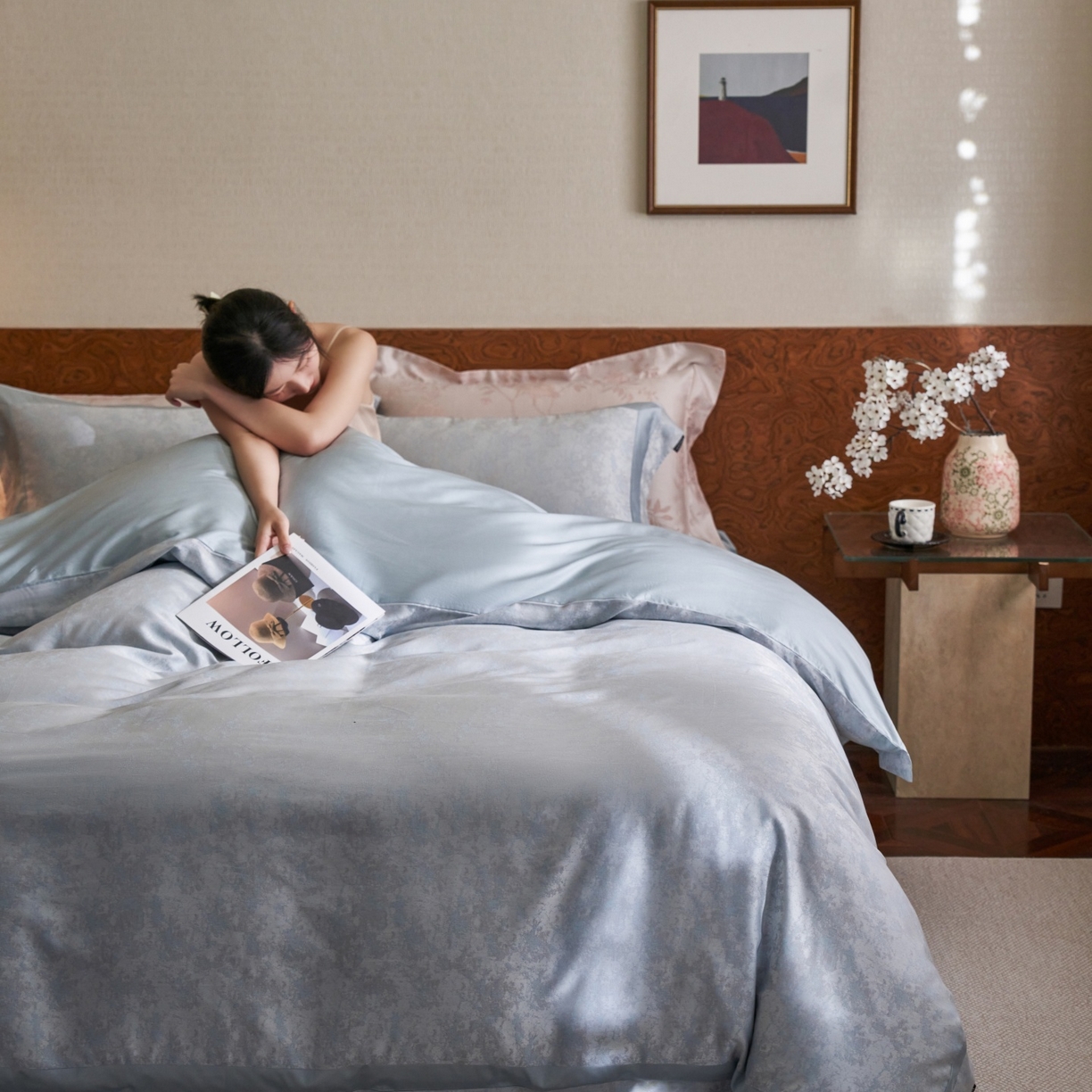 91家纺网 家纺一手货源 找家纺 安莱生活 2026新款天丝棉提花双拼埋绳款四件套 蓝雾花眠