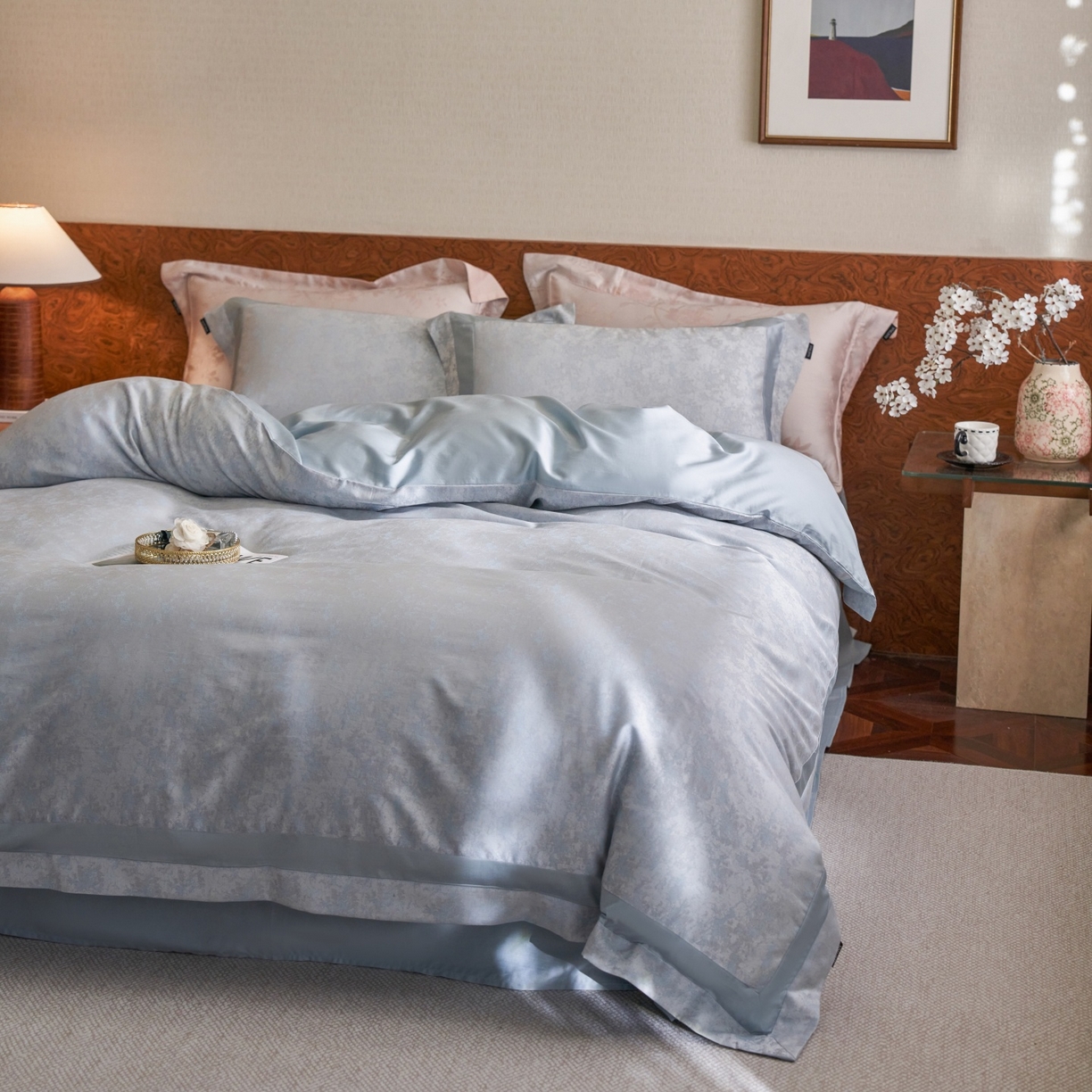 91家纺网 家纺一手货源 找家纺 安莱生活 2026新款天丝棉提花双拼埋绳款四件套 蓝雾花眠