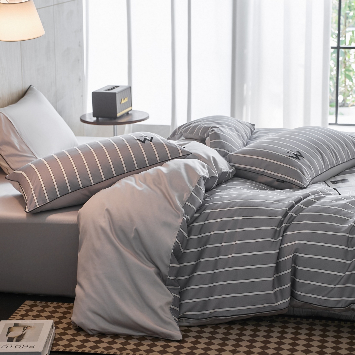 91家纺网 家纺一手货源 找家纺 安莱生活 2026新款天丝棉滚边款刺绣织序系列四件套 织序-银灰