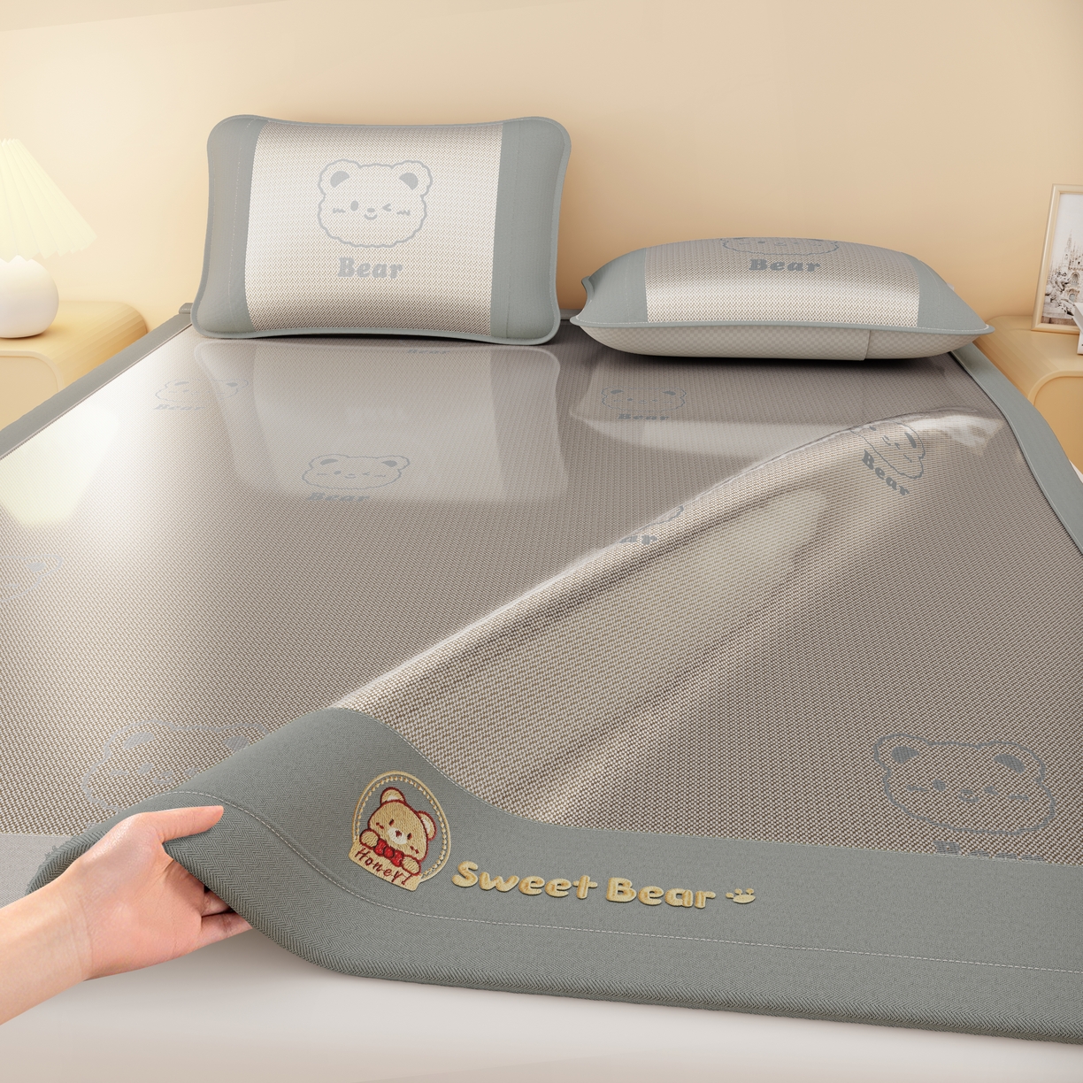 卡初家居（原微来） 2026春夏新款快乐熊水洗冰藤床席款床笠款 快乐熊-香槟金-床席款