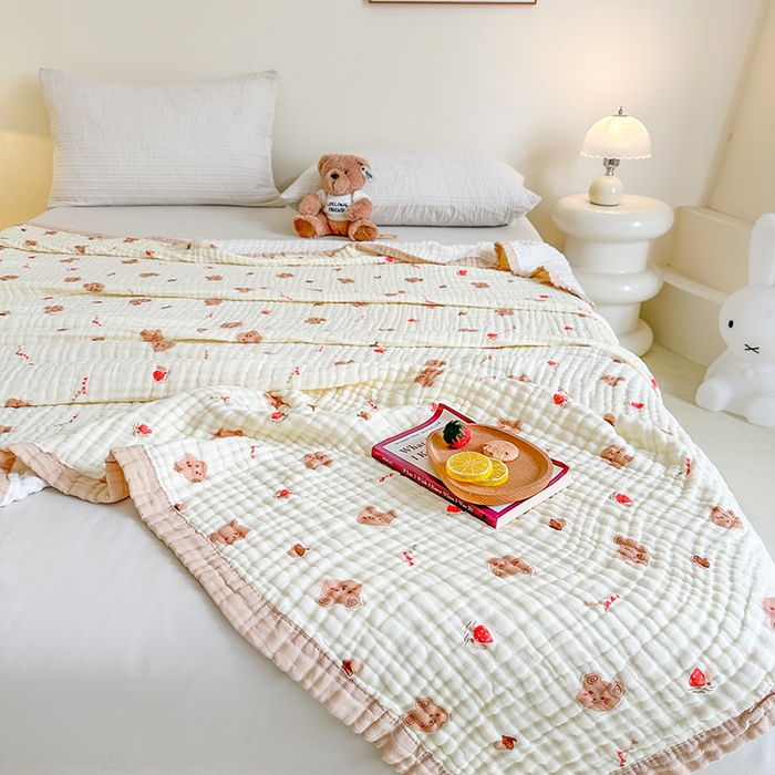 91家纺网 家纺一手货源 找家纺 慕婷家纺 2026新款婴儿纱布浴巾浴巾全棉六层纱布泡泡纱布毛巾被 松果小熊