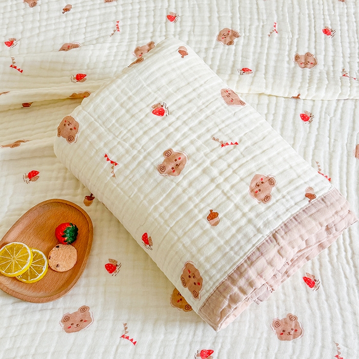 91家纺网 家纺一手货源 找家纺 慕婷家纺 2026新款婴儿纱布浴巾浴巾全棉六层纱布泡泡纱布毛巾被 松果小熊