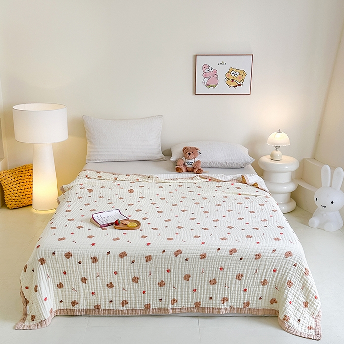 91家纺网 家纺一手货源 找家纺 慕婷家纺 2026新款婴儿纱布浴巾浴巾全棉六层纱布泡泡纱布毛巾被 松果小熊