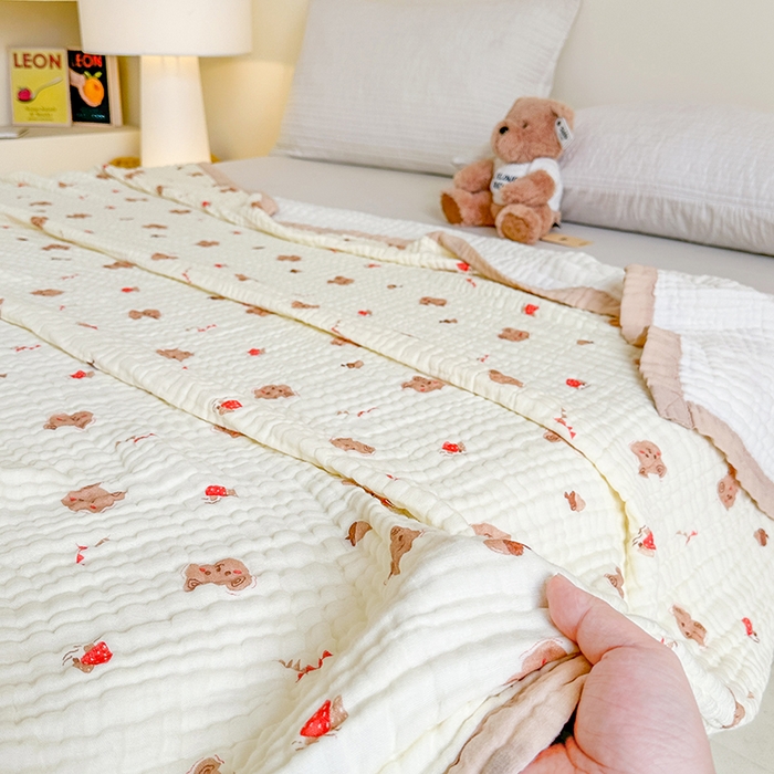 91家纺网 家纺一手货源 找家纺 慕婷家纺 2026新款婴儿纱布浴巾浴巾全棉六层纱布泡泡纱布毛巾被 松果小熊